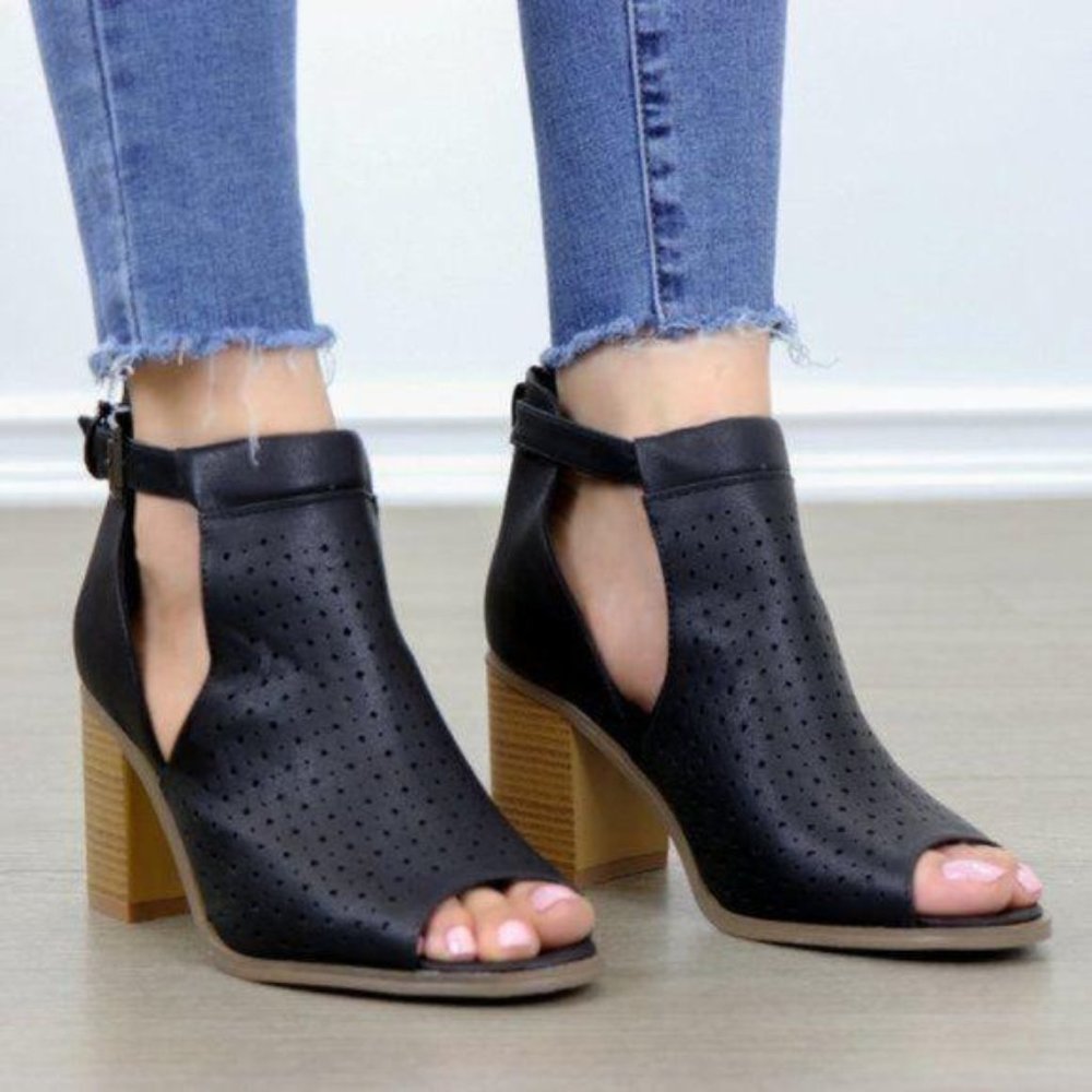 Peep Toe Black Faux Leather Heeled Ankle Boots - Picture 5 of 7